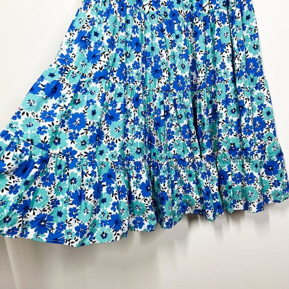 Yumi Kim Tiered Floral Blue Smocked‎ Sleeveless Dress Sz S Cottage Boho Peasant - Picture 5 of 11